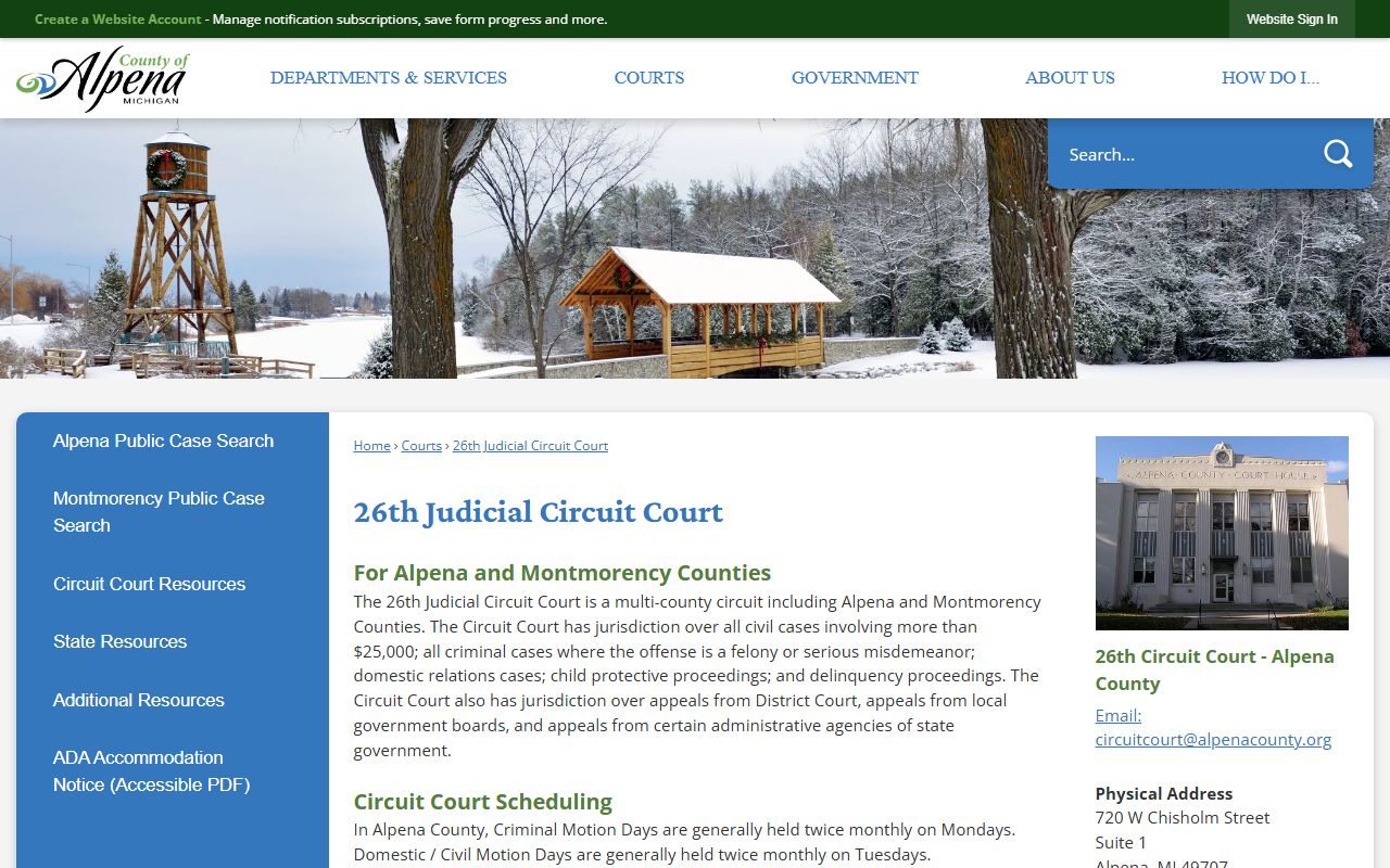 Montmorency County court dockets 26th Judicial Circuit Court page