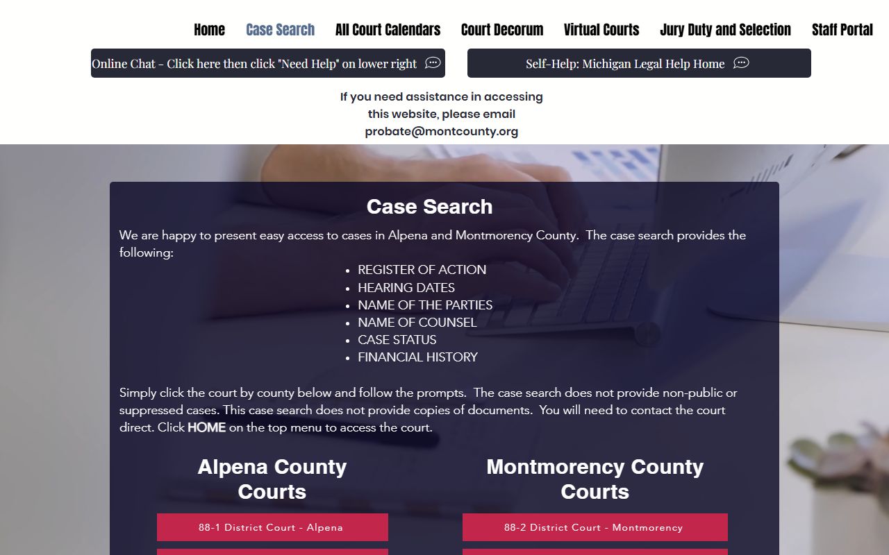 Montmorency County court records case-search launch page