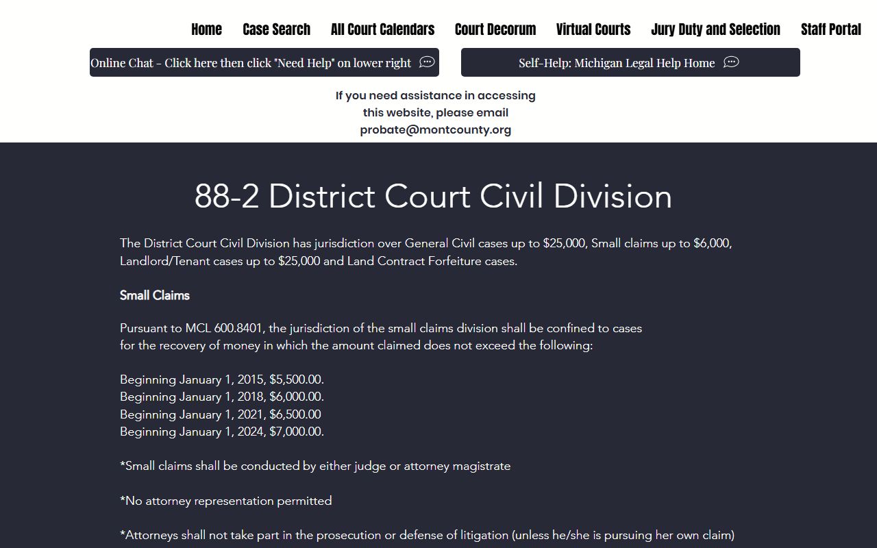 Montmorency County 88-2 District Court civil and small claims records page