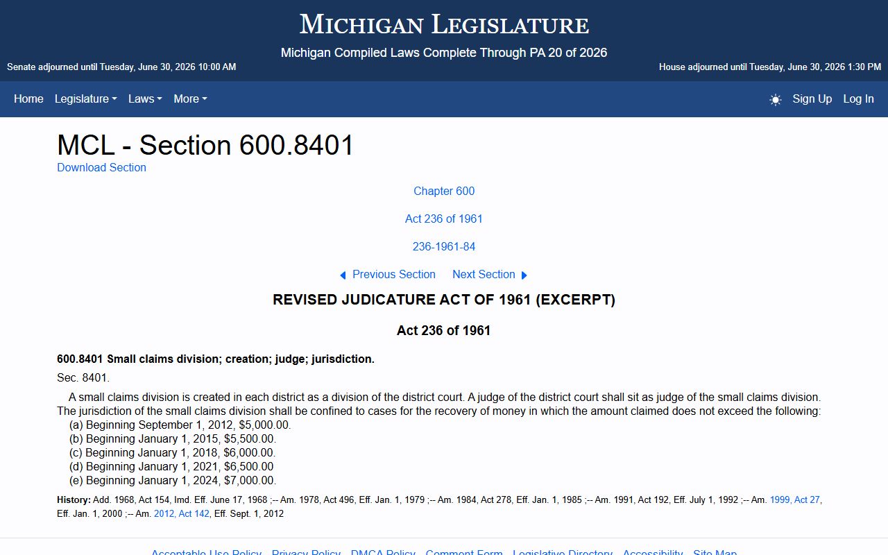 Montmorency County small claims statute MCL 600.8401 court records reference