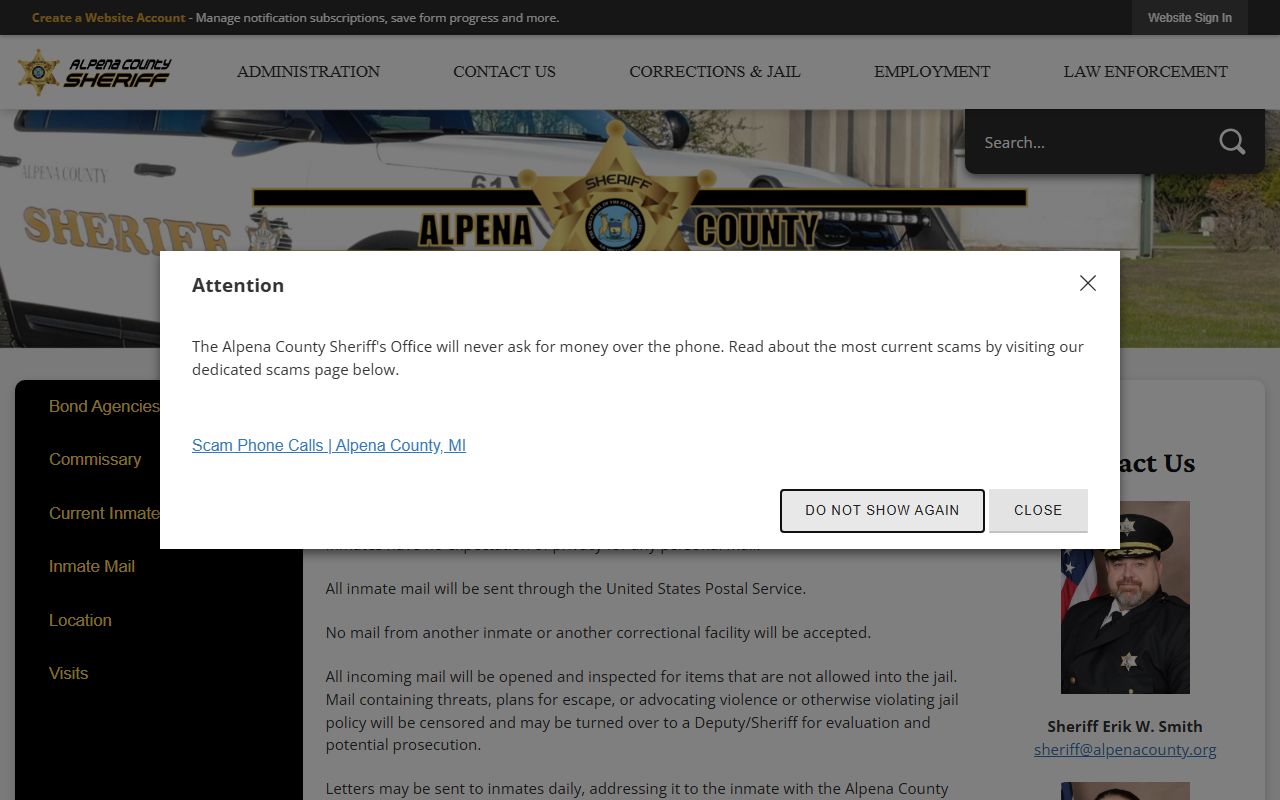 Montmorency County inmate mail rules at the Alpena jail