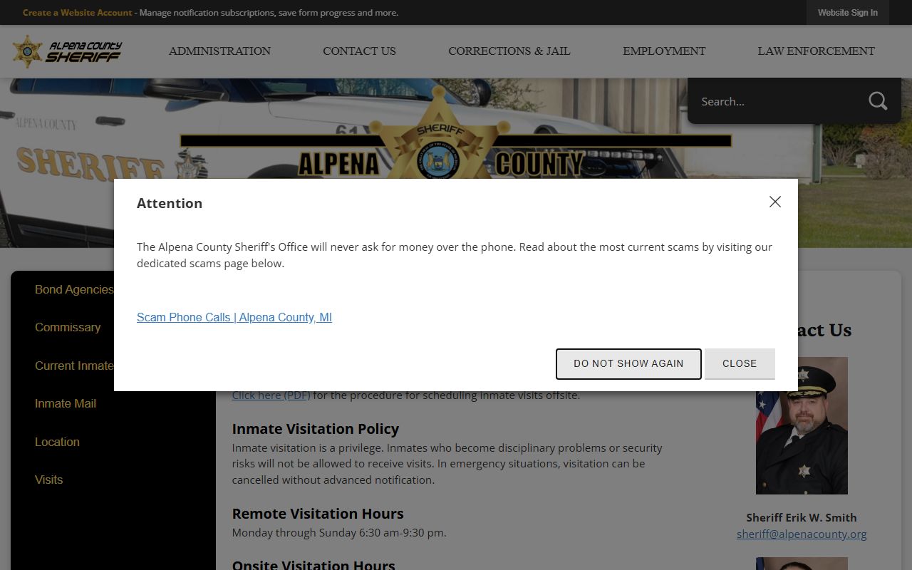 Montmorency County inmate jail visitation rules at the Alpena facility