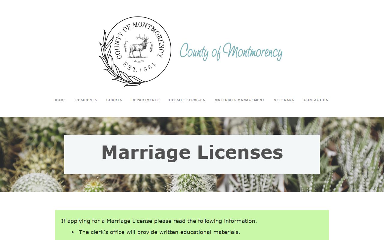 Montmorency County marriage license application desk at the County Clerk office