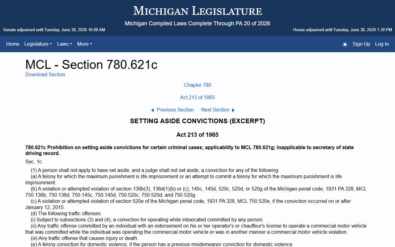 Montmorency County traffic set-aside rules under Michigan law MCL 780.621c