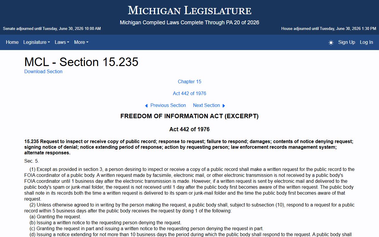 Montmorency County warrant records request response timing under Michigan FOIA